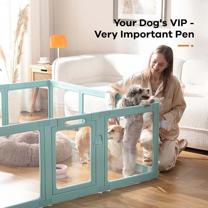 Clear Acrylic Dog Playpen Indoor, Puppy Cat Small Pet Play Pen, Pet Cat Playpen for Rabbits, Dog Fence Crate Kennel Whelping Cage (Green, 8 Panel) 1