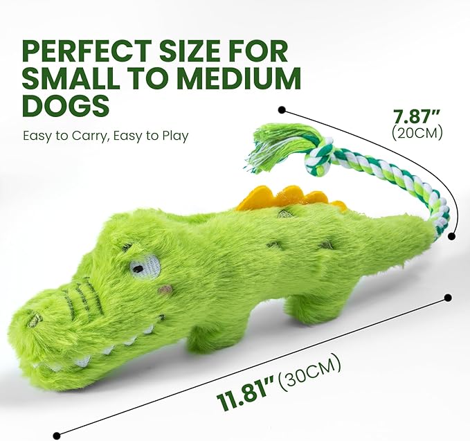 Squeaky Plush Crocodile Dog Toy with a Rope Tail,Crinkle Stuffed Dog Toy Keep Them Busy Tug of War Training Play, Dog Chew Toys for Small Dogs (Green)