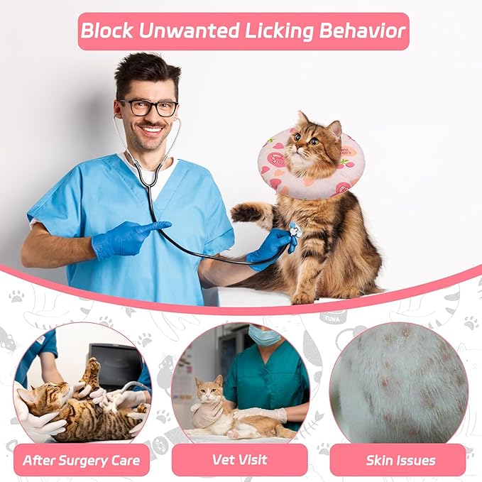 Seyezo Cat Cone Soft Collar, Adjustable Cat Recovery Collar for Small Medium Large Cats, Cute Donut E Collar After Surgery, Anti-Lick Recovery Elizabethan Collar for Kittens (Pink Heart, Large)