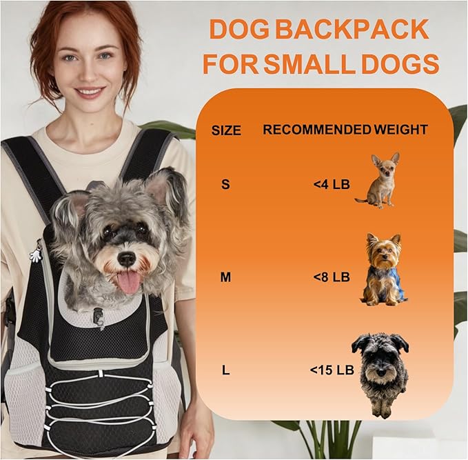 Breathable Dog Carrier Backpack for Small Dogs 2-15 lbs, Front & Back Carry Puppy Backpack with Head-Out Design for Hiking Walking, Black Grey (S)
