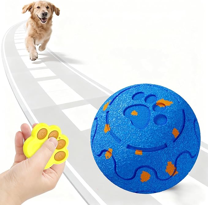 Moving Dog Toy, Interactive, Bouncing and Rotating, Silent Foam Material, IP54 Waterproof Rating, Smart Active Rolling, Stimulation Toys for Medium and to Keep Them Busy (Remote Blue)