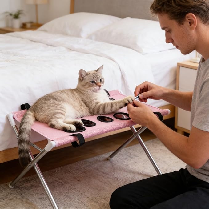 Pet Grooming Hammock with Washing Eight Hole Hammock Helper Hanging Harness for Picking Ears Nail Clipping Home (Pink)