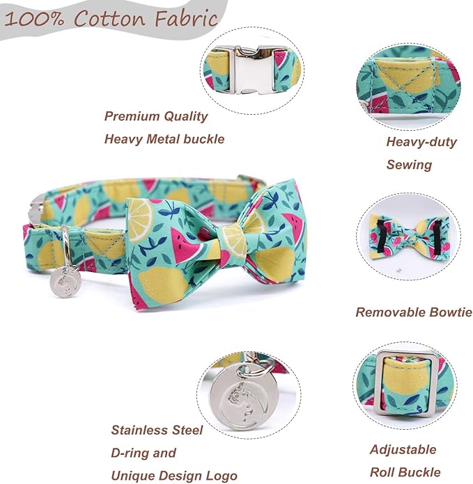 DOGWONG Cotton Summer Dog Collars, Lemon Bowtie Dog Collar, Adjustable Heavy Duty Girl Dog Collar with Bow for Small Medium Large Dogs,XS