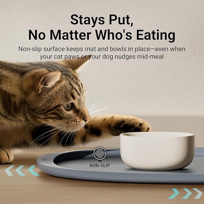 DownyPaws Cat Food Mats for Floors Waterproof, BPA Free Silicone Pet Feeding Mat, Non-Slip Pet Food Mat with High Raised Edge, Cat Placemat for Messy Drinkers, 18"×12.5", Gray (Pack of 2)