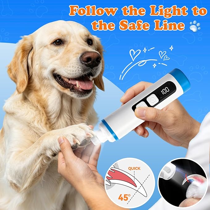 Dog Nail Grinder with LED Light – Quiet & Safe Pet Nail Trimmer for Small Medium Large Dogs & Cats, Cordless & Rechargeable, Low Noise Dog Nail Care for Beginners