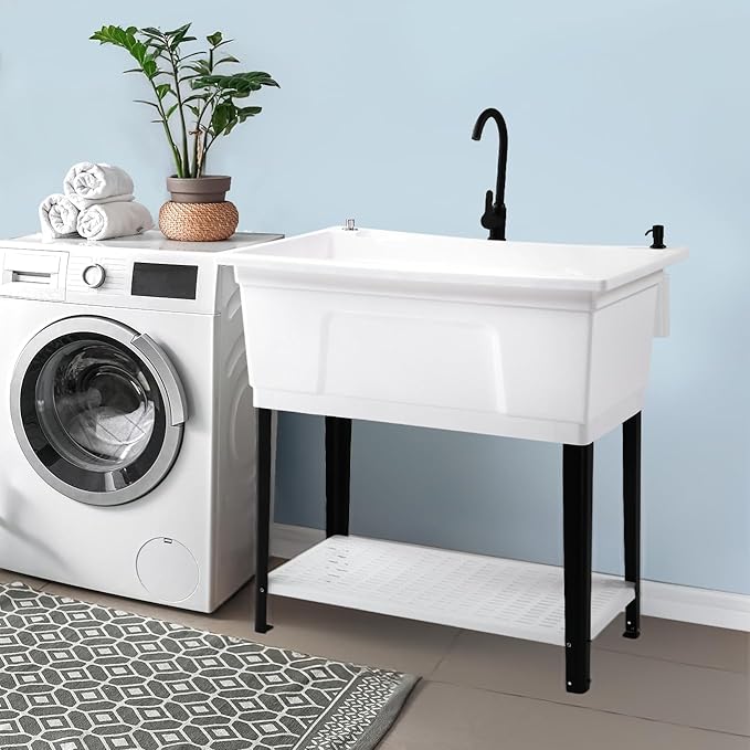 ROVSUN 37-Gallon Freestanding Utility Sink with Faucet, 36" Heightened Basin for Laundry, Garage, Outdoor Garden, Pet Wash, Heavy Duty Plastic Laundry Tub with Storage Shelf, 40"L×24"W×36"H, White