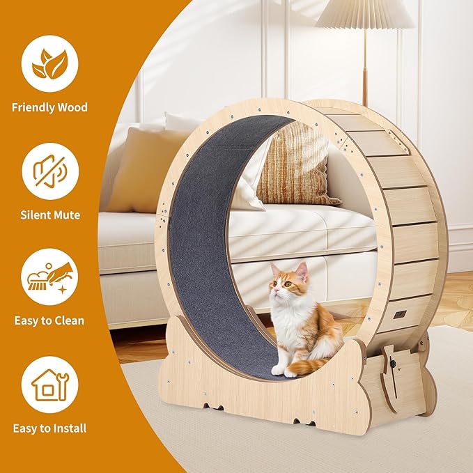 Cat Exercise Wheel for Indoor Cats, 43.3" XL Large Cat Running Wheels, Cats Treadmill Wheel with Locking Mechanism & Detachable Carpet-Quiet and Sturdy, Ideal for Most Pets Weight Loss and Health
