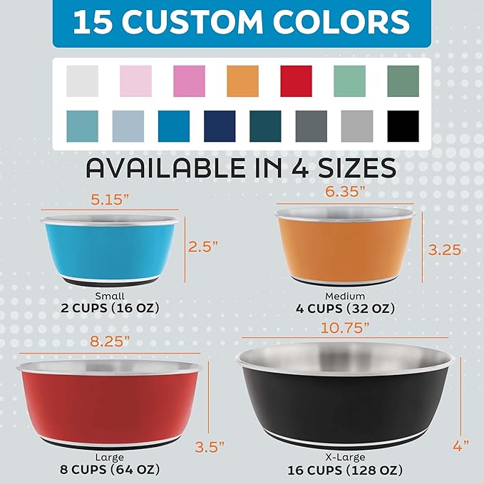 Master Pet Supply Stainless Steel Dog Bowls Set of 2 (64 Oz Each) with Non-Slip Rubber Base - Stainless Steel - Basic Dog Food Bowl Water & Food Bowls for Small Medium Large Dogs & Cats, Metal Dish