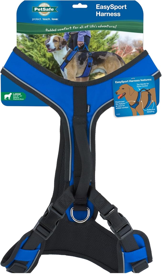 PetSafe EasySport Dog Harness Adjustable, Padded Dog Harness with Control Handle and Reflective Piping Large, Blue
