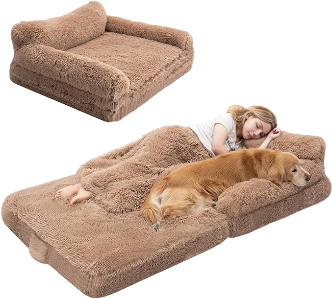 OtterOasis Foldable Human Dog Bed for Adults, Fluffy Human Sized with Blanket, Orthopedic Washable Dog Bed with Memory Foam and Water Repellent Liner for Pet (Brown, 72 * 44 * 10 inch)