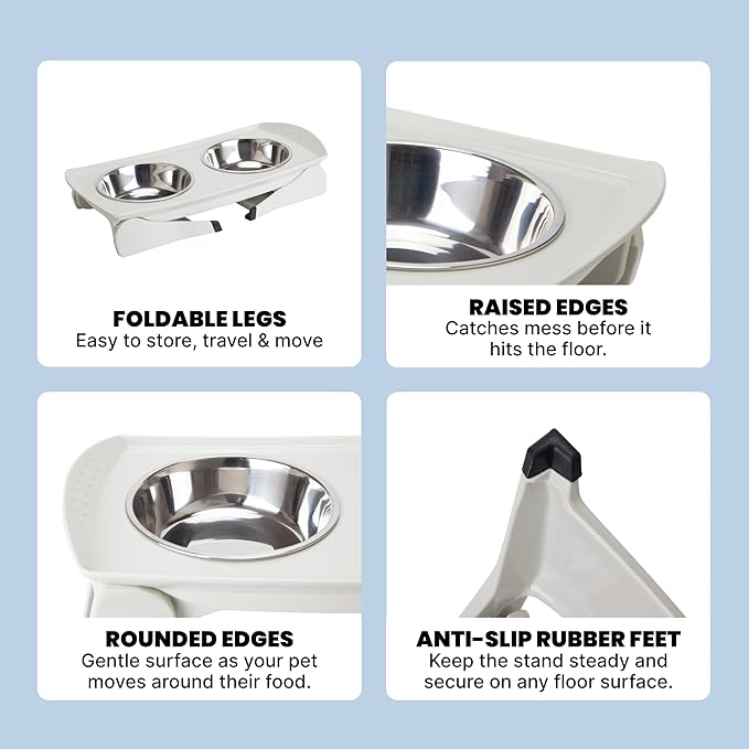 MalsiPree Elevated Dog Bowls for Small Dogs - 6.5" Raised Dog Bowl Stand with Splash Guard - Portable Folding Pet Feeding Station with 2 Stainless Steel Bowls - Travel Road Trip Foldable Collapsible