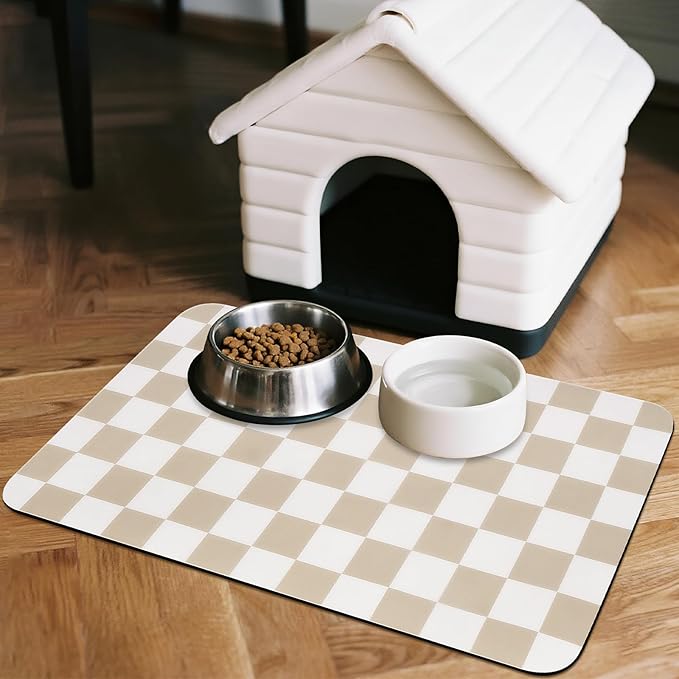 CooRug Checkered Dog Food Mat, Absorbent Leak-Proof Pet Feeding Mat, Quick Dry Cat Food Mat for Messy Drinkers 17" x 32" Khaki