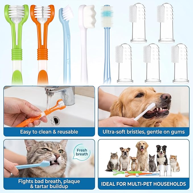 10 Pcs Dog Toothbrush Finger Dog Tooth Brushing Soft Triple Head Double Head Dogs 360 Finger Silicone Toothbrush Multi-Angle Dental Cleaning Brushes for Dogs Kitten Cat Pet Dental Cleaning