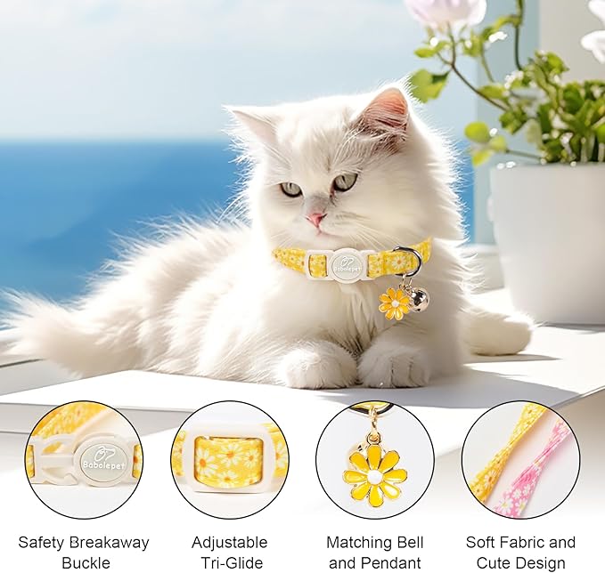 2 Pack Daisy Cat Collars - Cute Pink & Yellow Daisy Breakaway Cat Safety Collars, Adjustable Floral Kitten Collar for Small Dogs Puppy, Spring Summer Pet Collar with Bell & Pendant,