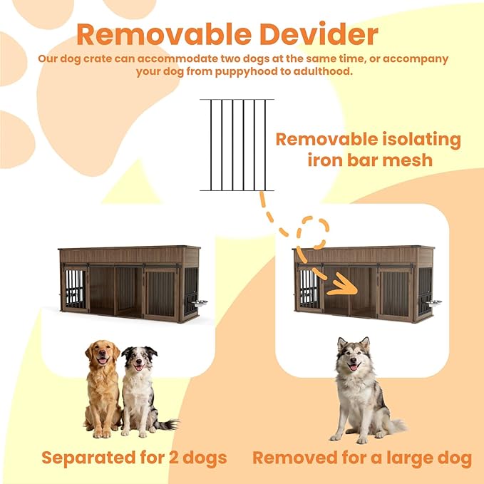 71'' Dog Crate Furniture for 2 Dogs, Wooden Double Dog Kennel with Removable Divider & 360° Rotating Feeder, 3 Fluted Drawers, Charging Station, TV Stand or Side Table (Walnut)