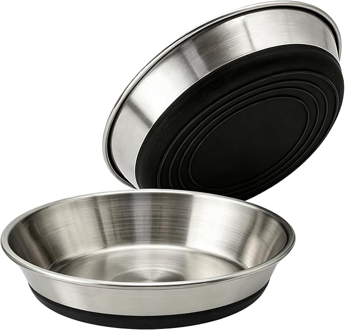 Stainless Steel Shallow Cat Bowls 2 Pack, Whisker Fatigue Free Design, Non-Slip Silicone Base, Heavy Duty Metal Plates, Replacement for Elevated Stands, Suitable for Cats, Kittens and Small Dogs