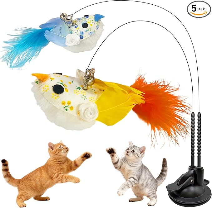 Walfront Interactive Cat Toy, Cat Teaser Wand with Double-Head Suction Base and 2 Realistic Bird Attachments for Indoor Self-Play and Exercise for Kittens and Adult Cats, Keeping Cats Playful & Happy