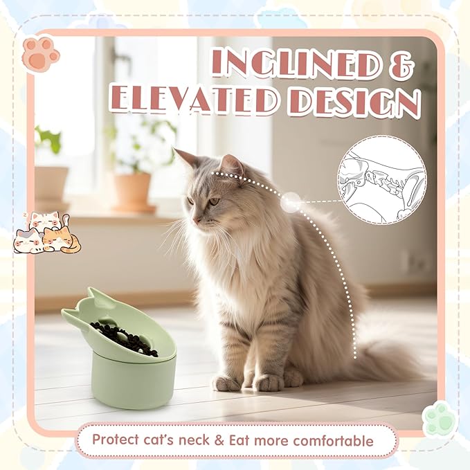 Funnymoom 2 Pack Silicone Cat Slow Feeder, Elevated Slow Feeder Cat Bowl for Dry and Wet Food, Tilted Design with Non Slip Base, Adjustable Angle for Pet(Green and Brown)