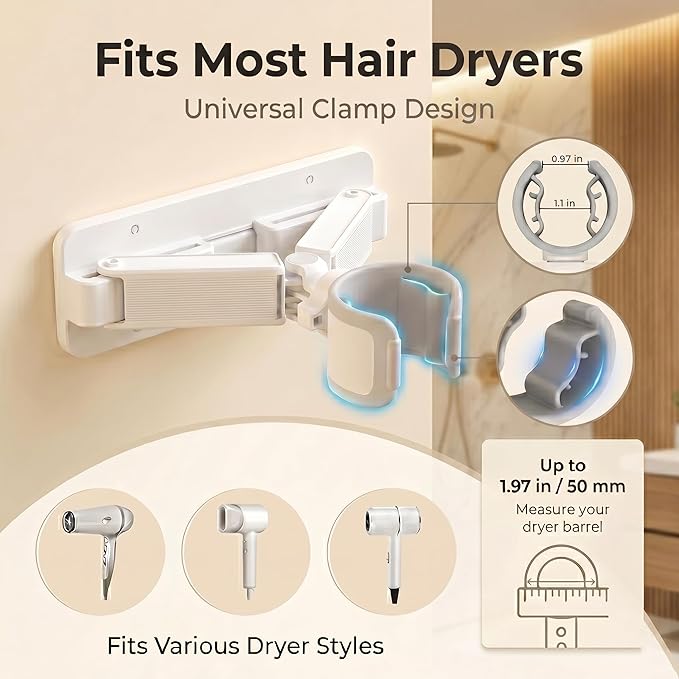 Wall Mount Hair Dryer Holder, Hands Free Hair Dryer Stand with Retractable Fold-Flat Arm, 360° Adjustable Head, Cord Organizer, Fits Most Hair Dryers for Bathroom, Vanity, Pet Grooming
