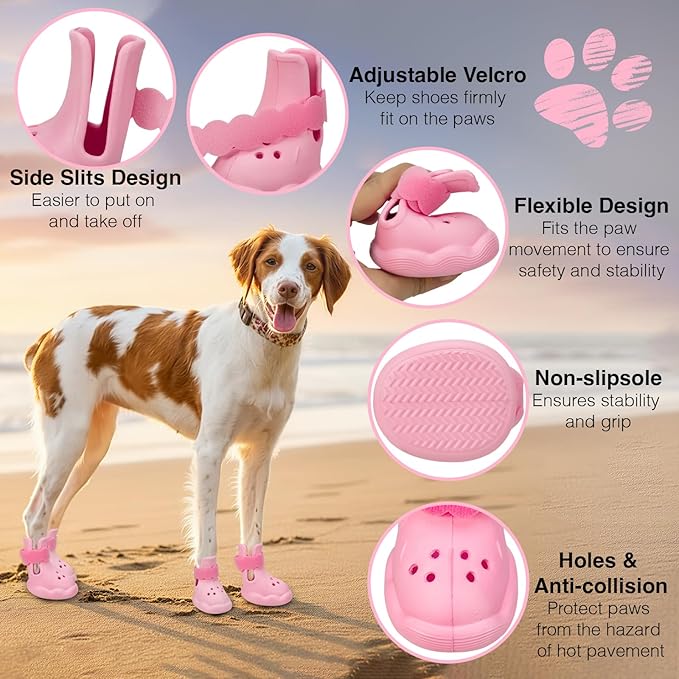 Dog Shoes for Hot Pavement and Snow - Waterproof, Non-Slip, Breathable Booties with Adjustable Straps for Small Medium, and Large Dogs (Pink, XL)