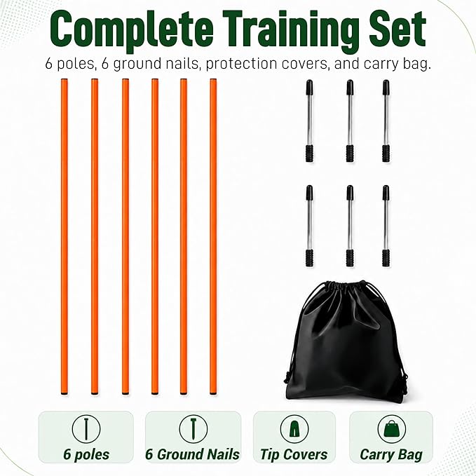6 Pcs Soccer Agility Poles for Training, 5 FT Adjustable Speed and Agility Training Equipment for Football/Basketball/Horse/Dog Practice, Soccer Sticks with Steel Ground Nails Outdoors