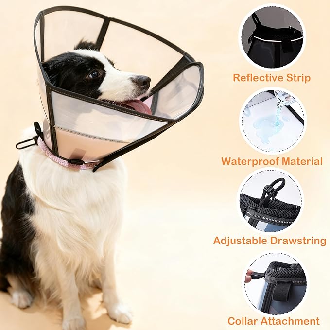 Soft Dog Cone, Stop Licking Deep Pet Recovery Collar After Surgery for Large Medium Dogs, Clear Plastic Breathable Elizabethan Head Neck Circle, Adjustable Comfortable Cones 25cm /10" Long (L Black)