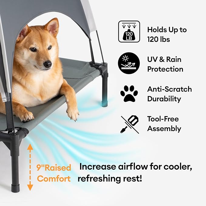 FUNNY FUZZY Elevated Dog Bed with Canopy,Grey, Large(36"x30"x7")–Outdoor Pet Cot with UV Protection, Breathable Mesh for Cooling, Indoor & Outdoor Use for Dogs up to 120 lbs