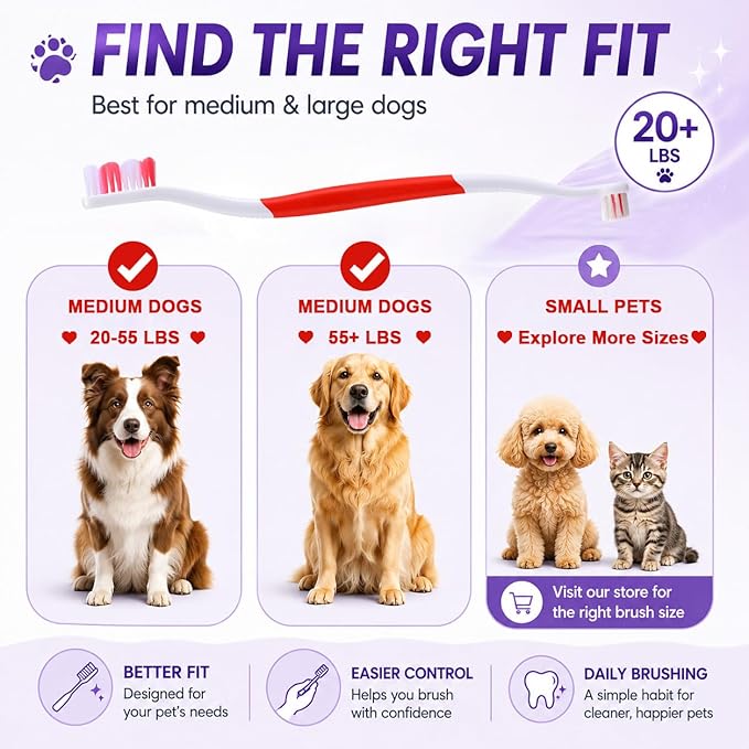 Dog Toothbrush – Newly Upgraded Dual-Head Design with 60° Wavy Bristles – Gently Surrounds Teeth for Deep Cleaning and Plaque Removal – Non-Slip Handle, Ideal for Daily Pet Dental Care (Red, 6-Pack)