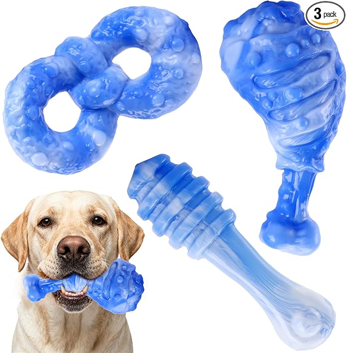 WinTour Indestructible Dog Toys for Aggressive Chewers 3 Pack, Tough Dog Toys for Medium and Large Dogs, Durable Dog Chew Toys for Aggressive Chewers to Keep Them Busy, Bacon Flavor, Blue