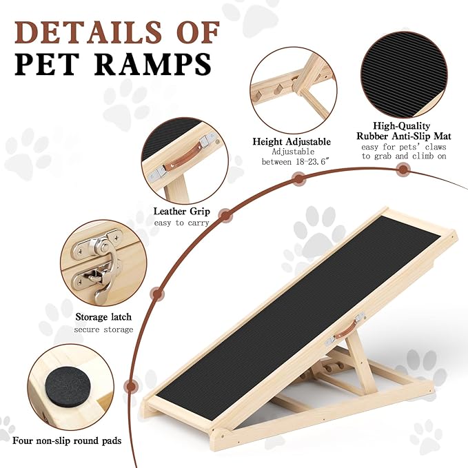 Dog Ramp for Couch, Bed, Car, Adjustable Pet Ramps 6 Height from 18" to 23.6" Wooden Dog Step with High Traction Mat & Sturdy Build for Small Medium Older Pets, Supports up to 200lbs