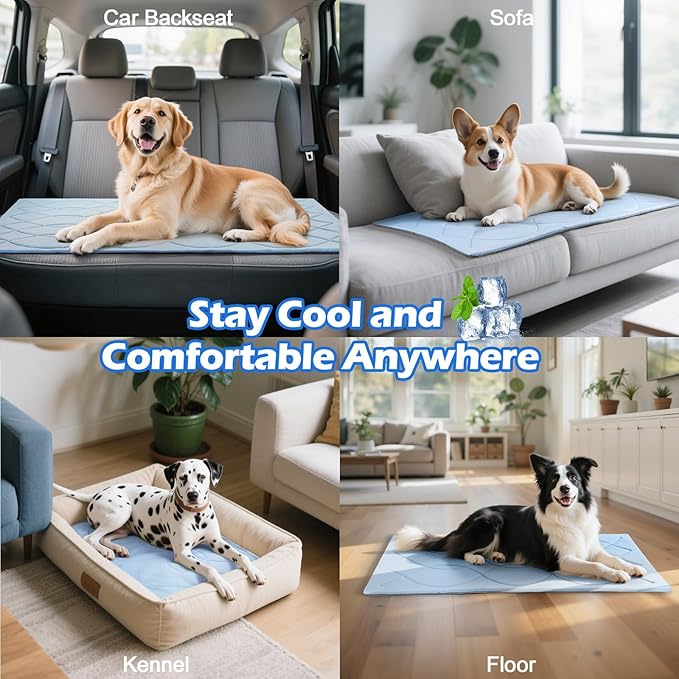 Dog Cooling Mat, 59'' × 40'' Extra Large, Q-Max>0.4 Self-Cooling Mat for Dog Reversible (Cool & Warm), Double-Sided Pet Cool Pads for Summer, Crate, Kennel, Machine Washable, Non-Gel, Blue+Grey