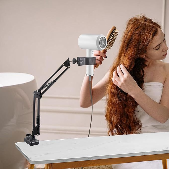 Hair Dryer Holder, 360 Degree Rotatable Hands-Free Clamp-on Dog Hair Dryer Stand, Black Adjustable Lazy Bracket for Home Salon Dog Cat Grooming