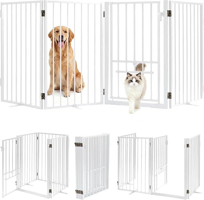 Full Metal Freestanding Dog Gate with Cat Door for Outdoor & Indoor,34" Tall Foldable Pet Fence,80" Extra Wide Free Standing Dog Gate for RV Camping,Stairs,Hallways,Doorways,Deck,Yard (4 Panels,White)