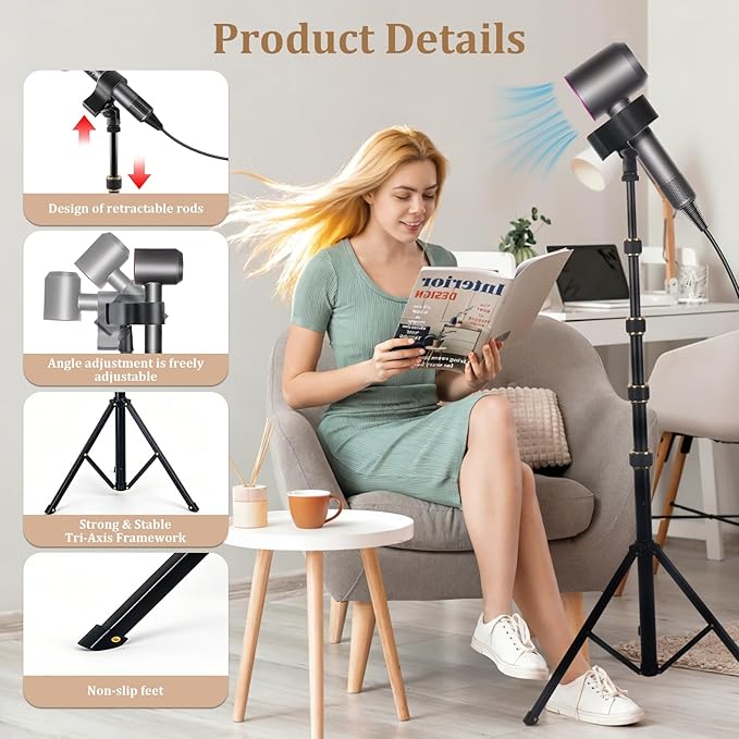 Hands Free Hair Dryer Stand with Tripod, 26-76 Inch Adjustable Height, 180° Rotating Universal Clip, Foldable Metal Blow Dryer Holder for Bathroom Vanity Makeup Room Home Styling & Pet Grooming, Fits Most Hair Dryers