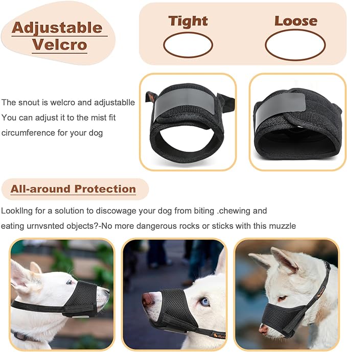HEELE Dog Muzzle,Soft Nylon Muzzle Anti Biting Barking Chewing,Air Mesh Breathable Drinkable Adjustable Loop Pets Muzzle for Small Medium Large Dogs 4 Colors 4 Sizes (Black, L)