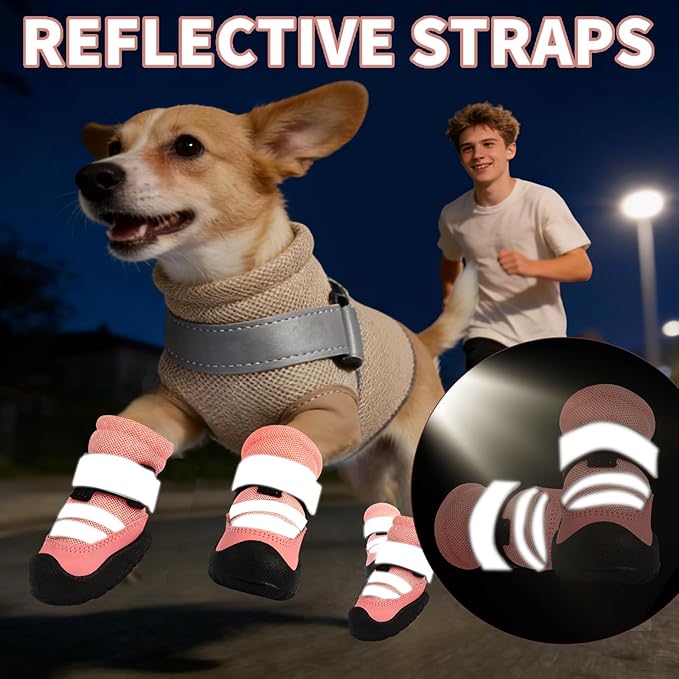 Dog Boots, Waterproof Dog Shoes with Reflective Straps, Rugged Anti-Slip Sole Paw Protectors for Medium Large Dogs, Breathable Pet Booties for Hot Pavement, Snow, Hiking, 4Pcs