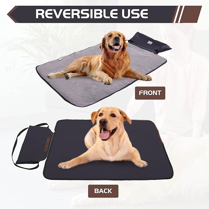 ROZKITCH Outdoor Pet Dog Pad 39"x28" Portable Reversible Waterproof Sleeping Mat - Reusable Machine Washable Easy to Clean & Carry for Camping Travel - Sherpa for Small Medium Large Dogs Black