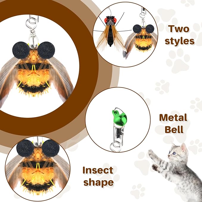 Walfront Cat Toys for Indoor Cats— Realistic Insect Wand with Replaceable Bee & Fly Heads, Flexible Steel Rod, Indoor Cat Toy for Kittens & Adult Cats, Boredom Relief & Bonding Play