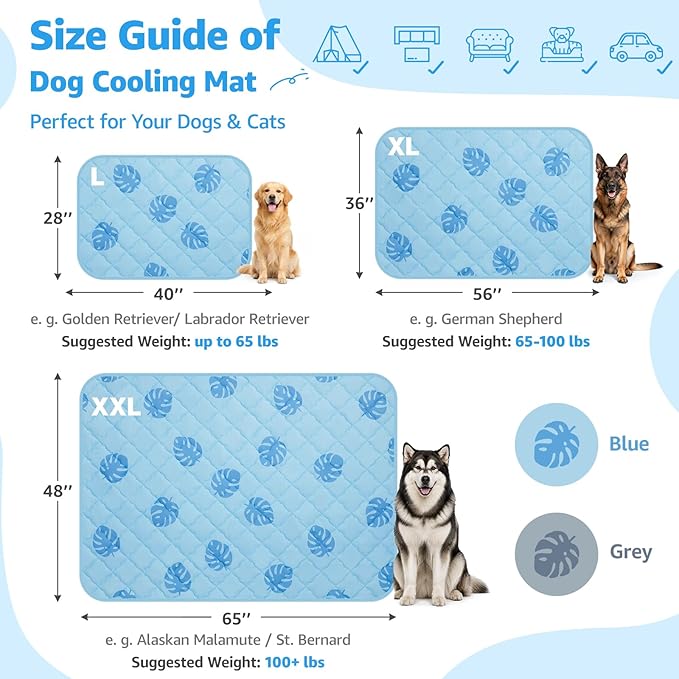 LOOBANI Dog Cooling Mat for Small Dogs Cats - 40"x28" Pet Cooling Mat with Anti-Slip Bottom, Waterproof Self-Cooling Dog Pad for Crate, Floor & Car, Grey Monstera (Blue, 40"x28")