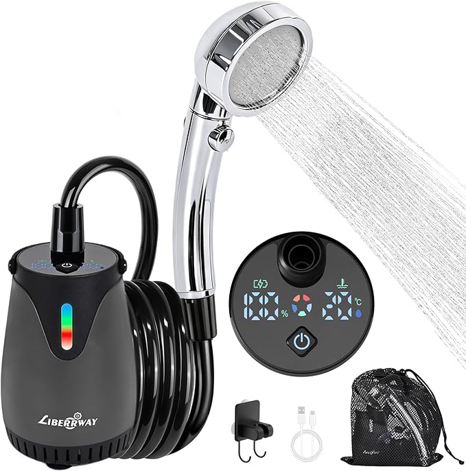 LIBERRWAY Portable Shower for Camping, 8000mAh Rechargeable Camping Shower Pump with LED Display&Ambient Light, 5 Pressure Modes, IPX8 Waterproof, Outdoor Shower Kit for Hiking,Travel, Car, Pet