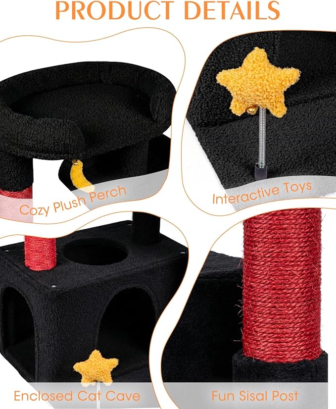 30In Cute Cat Tower for Indoor Cats with Cat Condo, Plush Platform, Hammock, Sisal Scratching Posts, Dangling Ball, Tall Cat Tree Tower with Self-Grooming Brush (Jet Black)