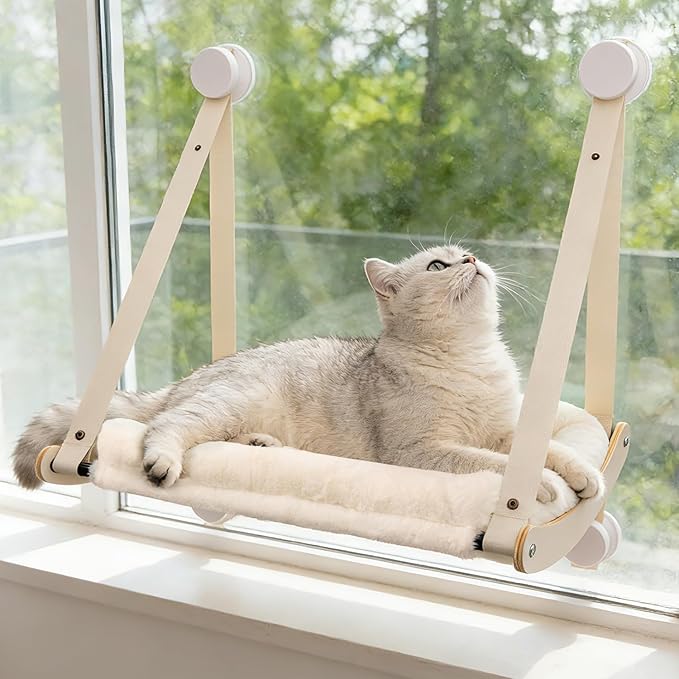 Cat Window Perch, Cat Hammock for Window with 4 Strong Suction Cups - Easy Assembly, Solid Wood Frame with Large Cats Bed - Supports Up to 40lbs for Indoor Cats Beige
