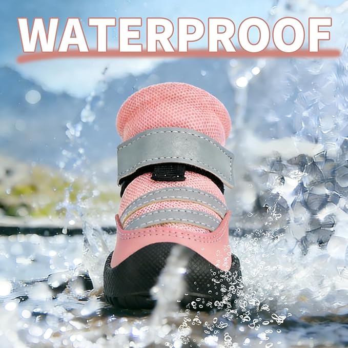 Dog Boots, Waterproof Dog Shoes with Reflective Straps, Rugged Anti-Slip Sole Paw Protectors for Medium Large Dogs, Breathable Pet Booties for Hot Pavement, Snow, Hiking, 4Pcs