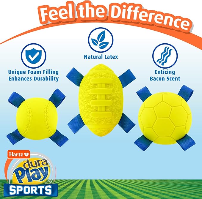 Hartz Dura Play Sports Baseball Dog Toy, Bacon Scented Squeaky Latex Yellow & Blue Toy, 1 Count