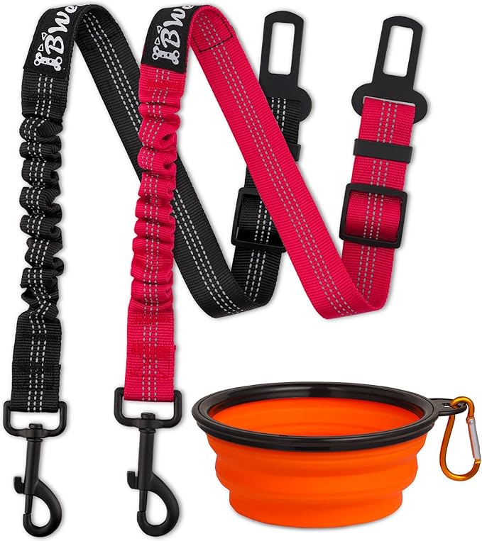 IBWell Dog Seat Belt,3 Piece Set Retractable Dog Car Harness Adjustable Dog Seat Belt for Vehicle Nylon Pet Safety Seat Belts Heavy Duty & Elastic (Black & Red)