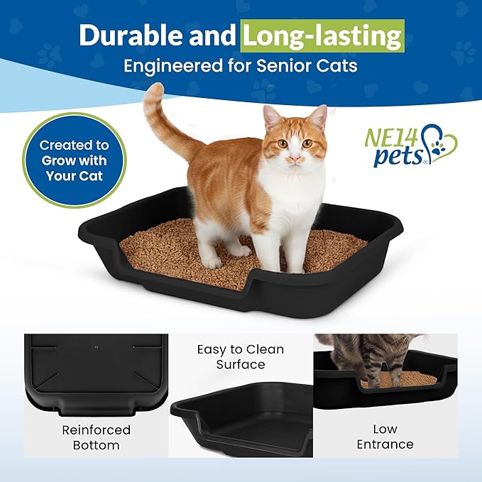 KittyGoHere Senior Cat Litter Box, Large Litter pan with Long-Handle Jumbo Scoop, Open Top Low Entrance Kitty Litter Box, Lightweight Low Entry Litters Box, Durable, Made in USA (2 Pack - Black)