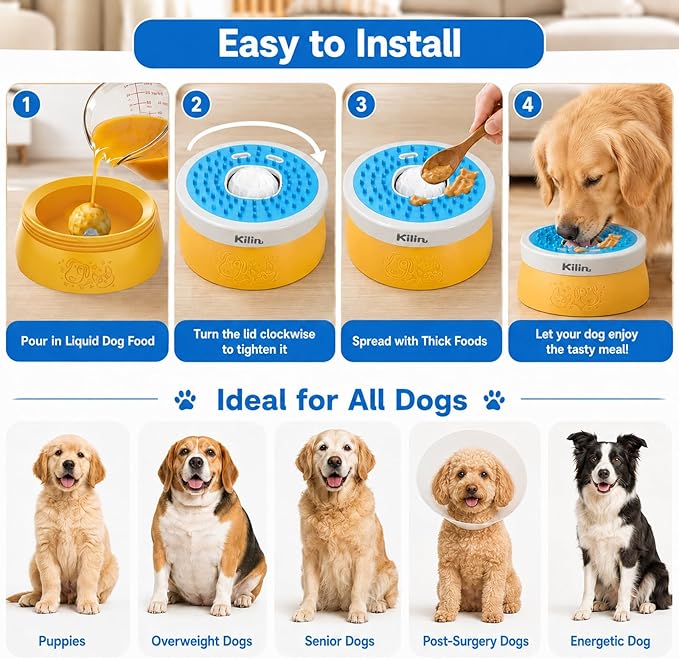 KILIN Dog Lick Bowl Slow Feeder - Non-Spill Dog Enrichment Toys, Lick and Roll Bowl 1 Cup/8 FL OZ, for Dogs with Bone Broth, Yogurt and Wet Puppy Treat, Interactive Licking Ball for Dogs with Anxiety