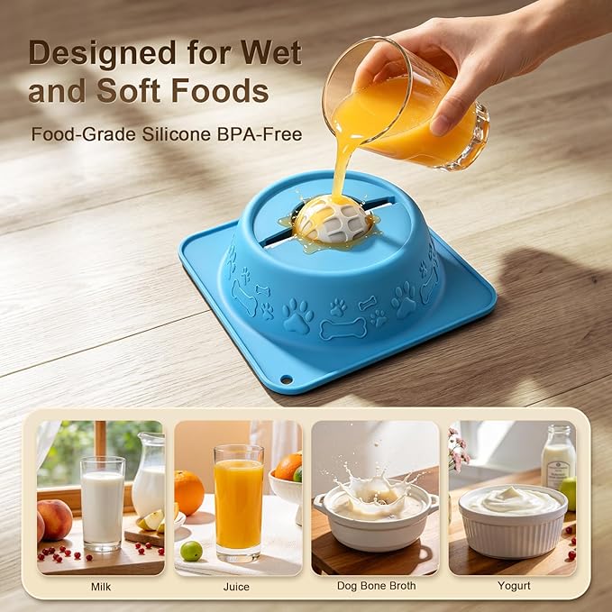Slow Feeder Lick Bowl for Dogs and Cats, Anti-Slip Pet Water Bowl with Smooth Rolling Ball, No Spill Bowl for Water, Bone Broth, Yogurt & Pumpkin Puree, for Large Medium Small Pets, Light Blue