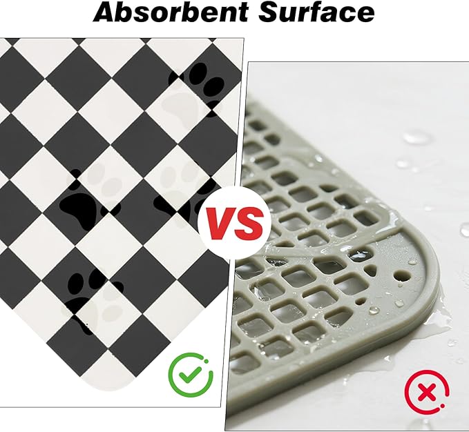 CooRug Checkered Dog Food Mat, Absorbent Leak-Proof Pet Feeding Mat, Quick Dry Cat Food Mat for Messy Drinkers 17" x 32" Black