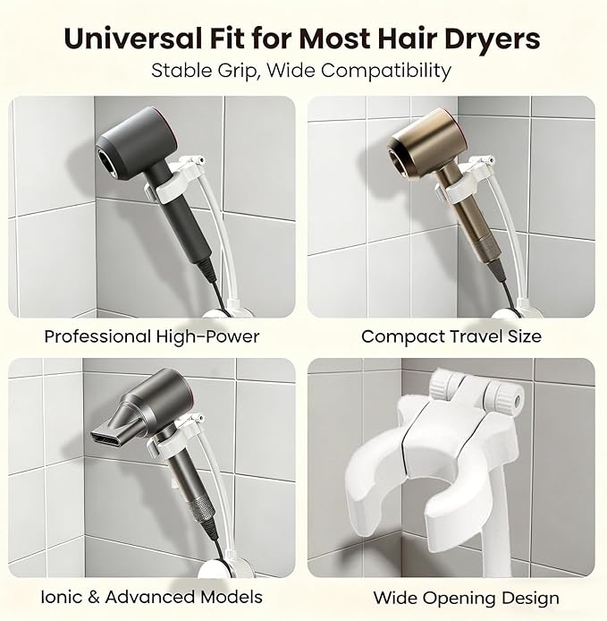 Hair Dryer Holder, Hair Dryer Stand with Adjustable Angle, Wall Mounted Hair Dryer Stand Hands Free with Built-In Adhesive, Suitable for Bathroom Mirror, Side Wall of Washbasin, Bedroom Vanity, Balcony Or Gym
